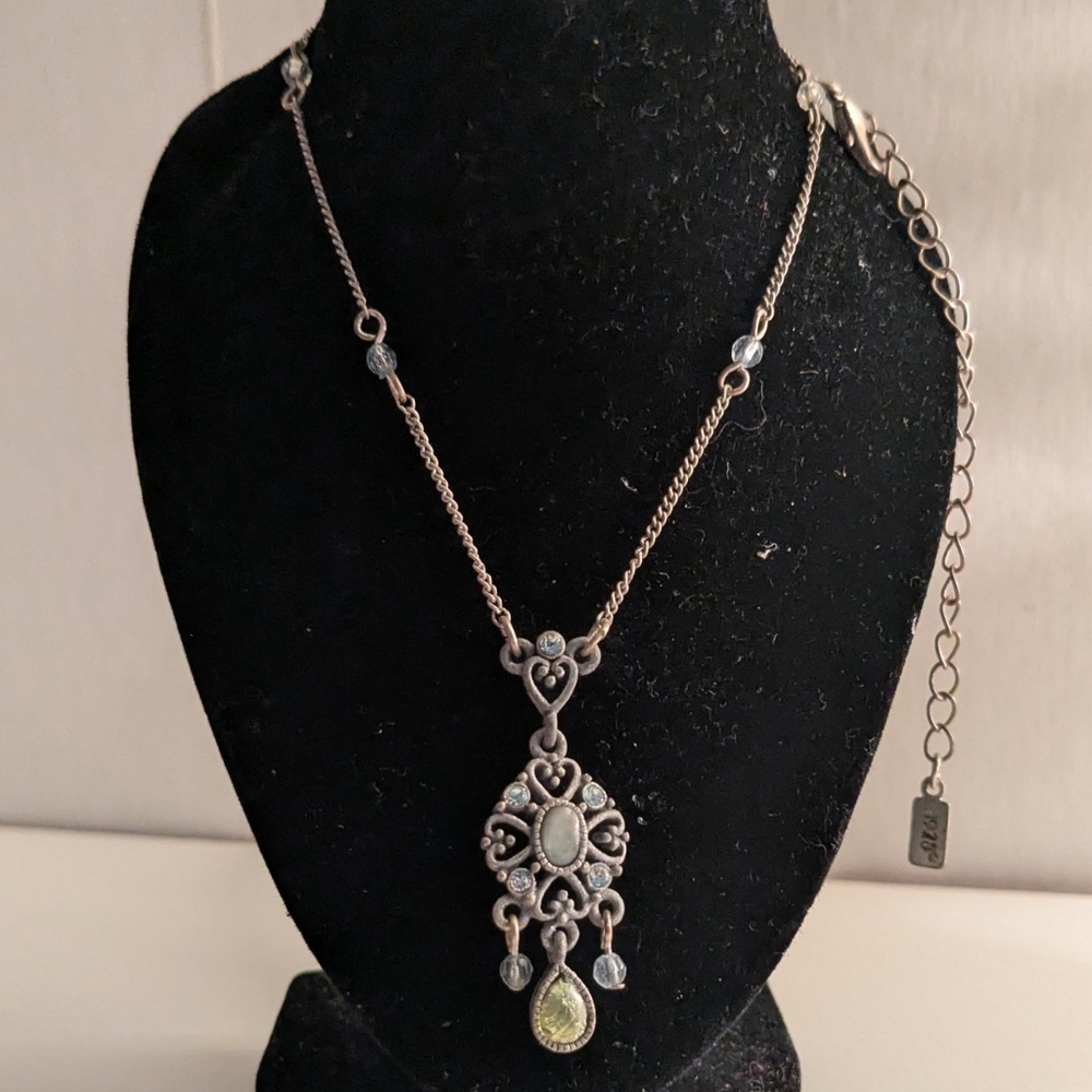 Vintage 1928 silver beaded chain necklace with blue green gemstone